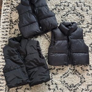3 Black Puffer Vests women’s S, kids 10, kids 12
